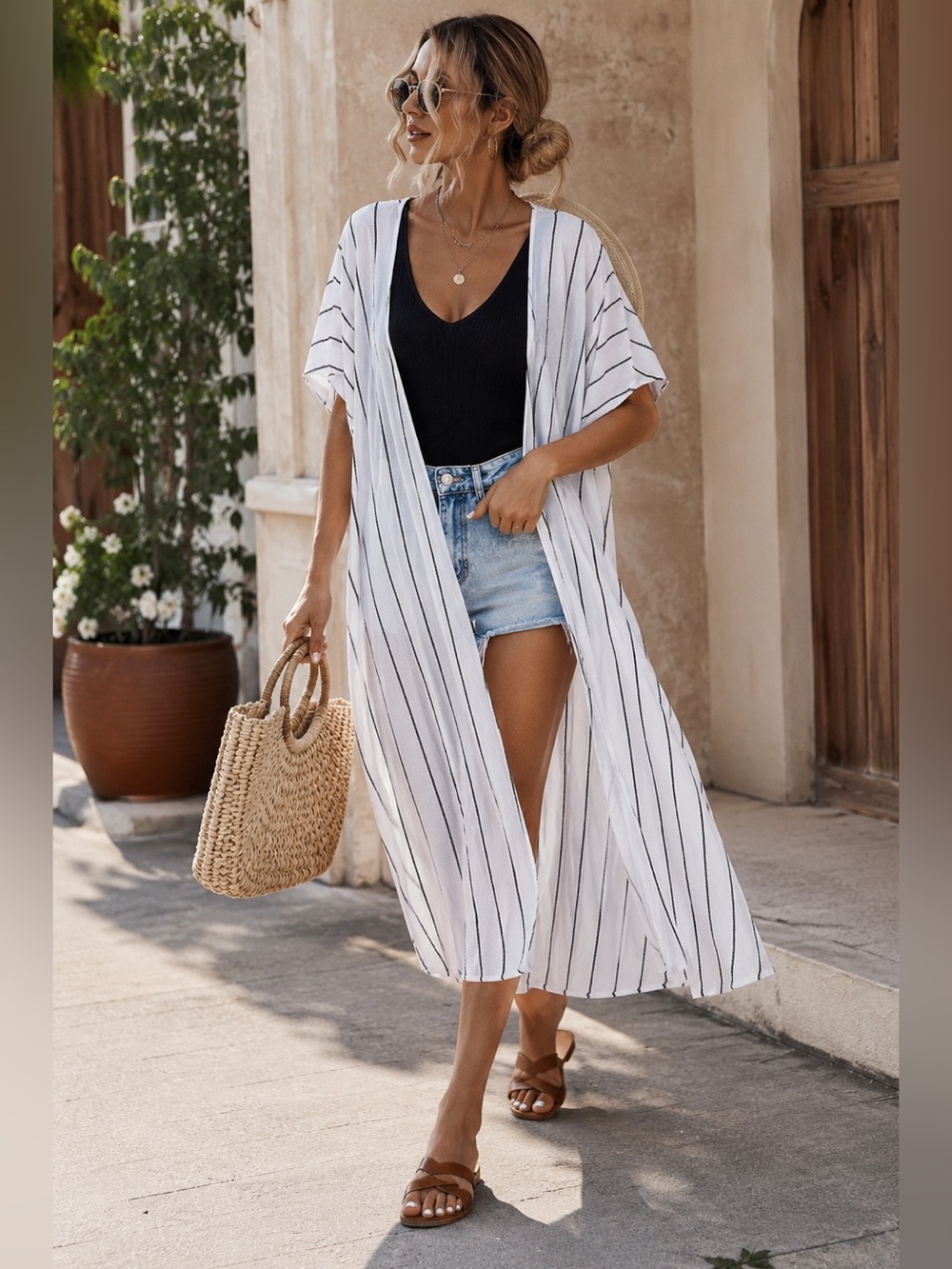 Striped Duster Kimono Cover Up Lightweight Resort Wear Boho Minimalist One Size
